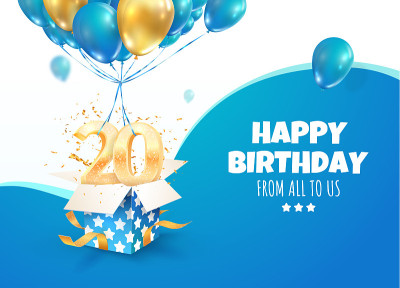 庆祝20周年生日矢量3d插图。二十周年庆典。打开装有爆炸、五彩纸屑和两个和零的金色数字的气球