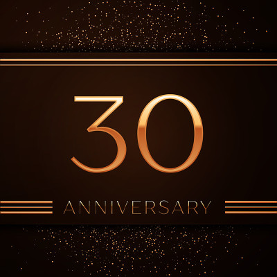 现实的30周年庆典标志。金色的数字和金色的五彩纸屑在棕色的背景上。彩色矢量模板元素为您的生日派对