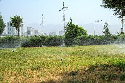 洒水车在一个阳光明媚的夏日给绿草浇水