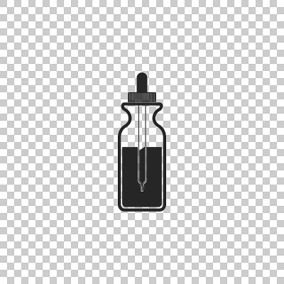 带吸管的玻璃瓶。装有移液管的小瓶，盖子关闭，透明背景上的图标隔离。医疗和化妆品容器。平面设计。矢量图