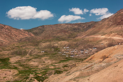 喜马拉雅山的一个村庄，坐落在一座高山的斜坡上