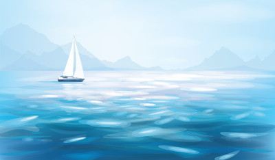 矢量蓝色海景和游艇。蓝色的海景背景。