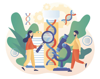 微型科学家在实验室用显微镜研究、诊断和测试DNA。DNA遗传科学。实验室设备。现代扁平卡通风格。矢量