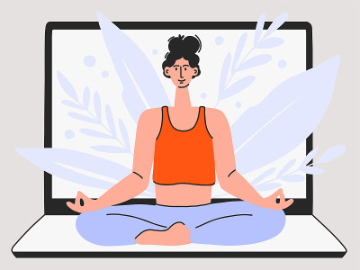 一个女人在用笔记本做瑜伽