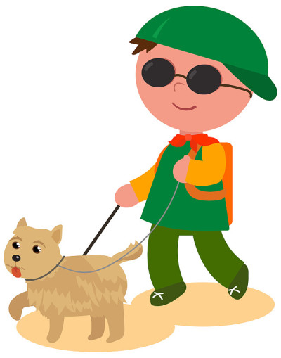 卡通盲男孩与导盲犬，孤立的插图