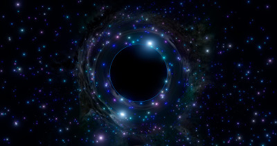 外太空恒星场上方的黑洞。通过这个巨大物体的光的扭曲。三维渲染