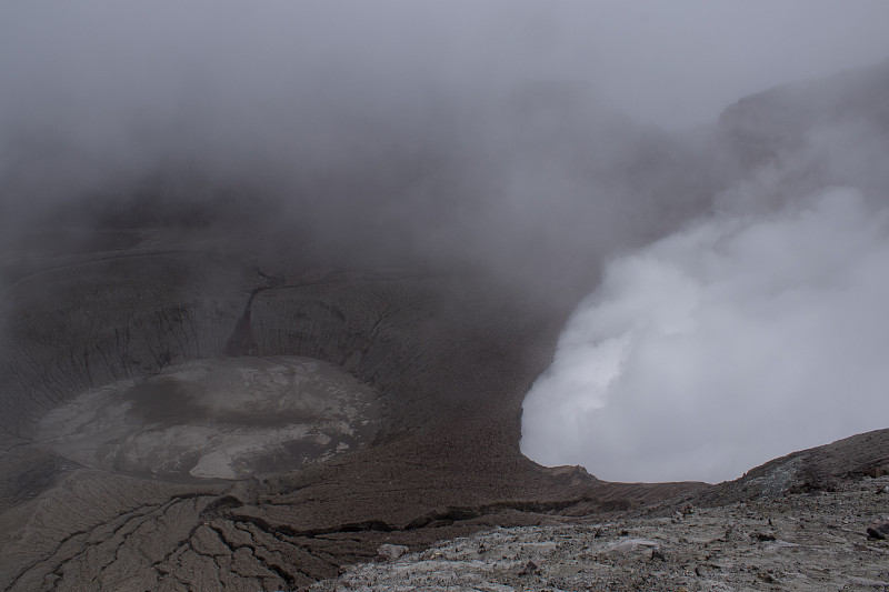 图里阿尔巴火山活跃的火山口在黑暗和多云的一天与干旱和沙漠景观的中间