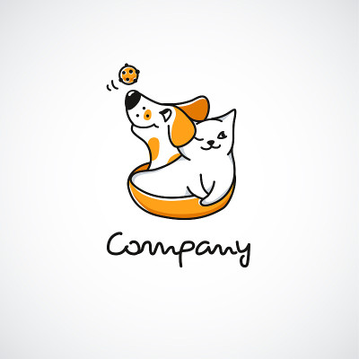 Smiling cat and dog + ball toy. Cartoon happy masc