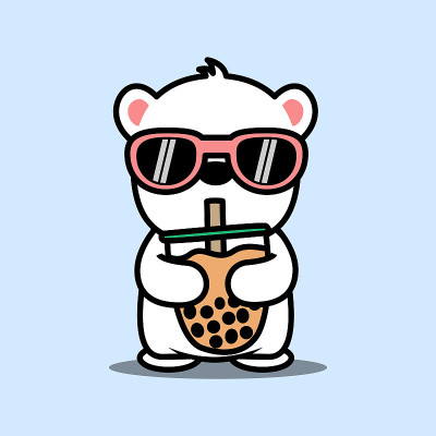 可爱的北极熊戴着太阳镜喝着珍珠奶茶卡通，矢量插图