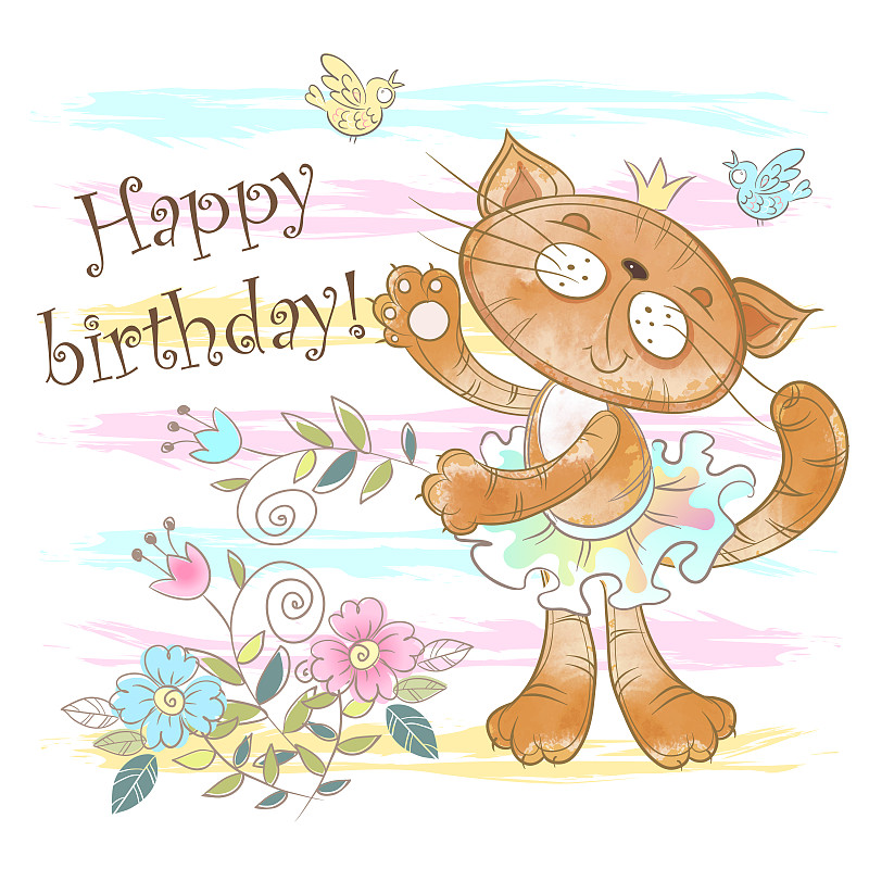 Birthday card with a cute cat ballerina. Vector. W