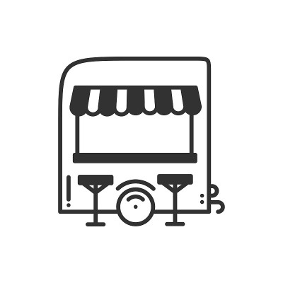 街头小吃零售细线标志。食物推车，卡车，小摊，车轮市场摊位，流动咖啡馆，商店，交易推车。向量线性样式图