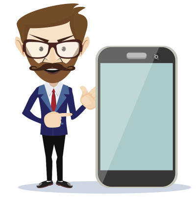 商人展示手机智能手机，矢量插图