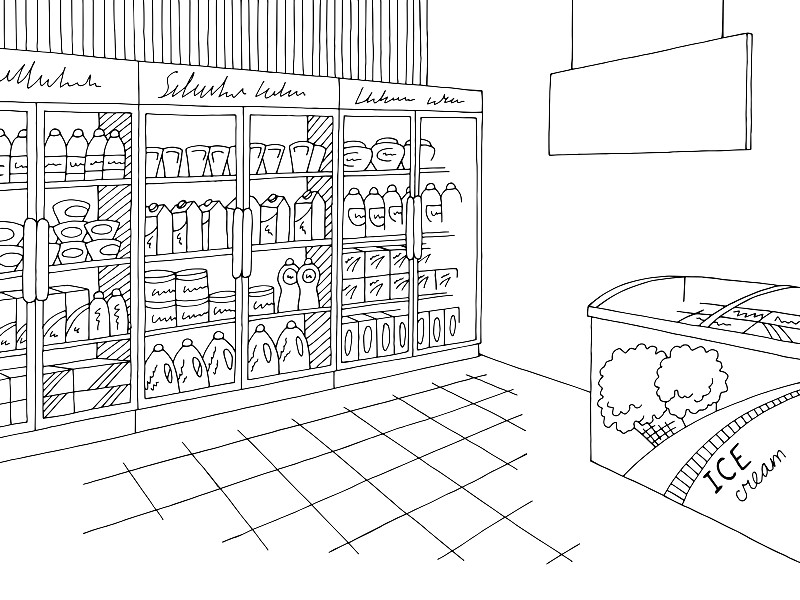 杂货店商店内部黑白图形素描插图矢量