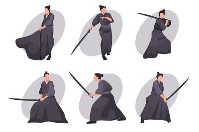 Samurai cartoon character set