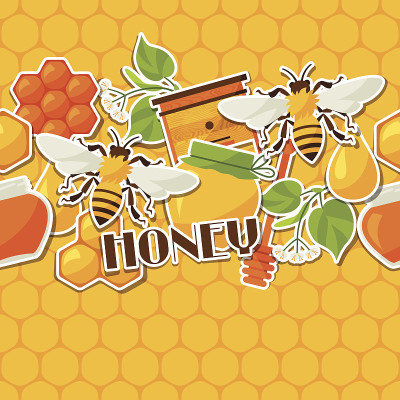 无缝图案与蜂蜜和蜜蜂贴纸