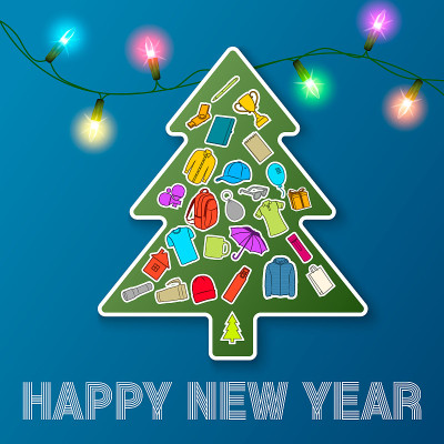 Happy New Year banner with promotional items, chri
