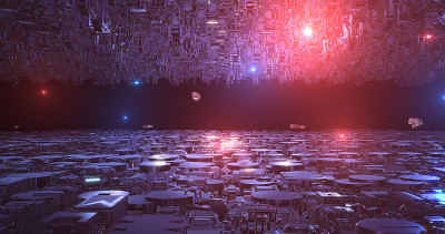 在无限空间中缓慢前进的外星飞船舰队3D渲染