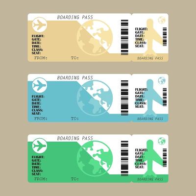 航空公司登机牌机票设置，矢量插图在平面风格