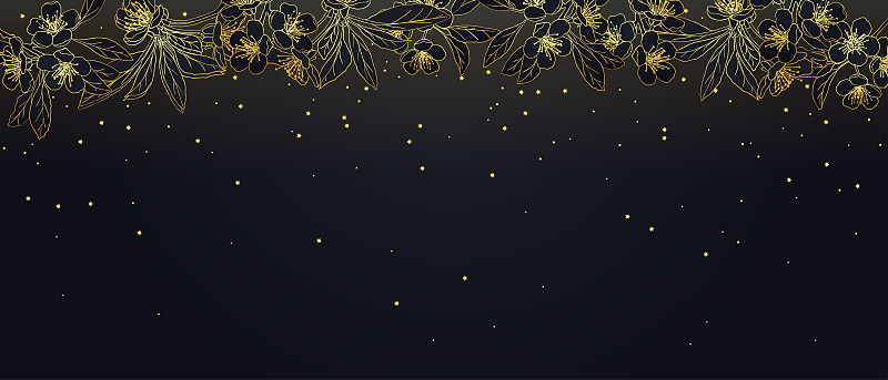 全景。春夜的樱桃园。星空。春天的背景。黑色背景上的金色樱花，