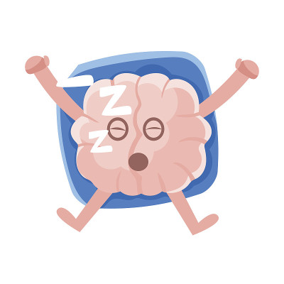 在枕头上睡觉的人性化大脑，智能人体器官卡通人物表情符号