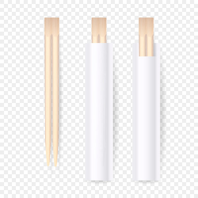 矢量3d现实木制筷子，白色空白包装设置特写孤立在透明背景。设计模板的食物棒，传统亚洲餐具，模型。俯视