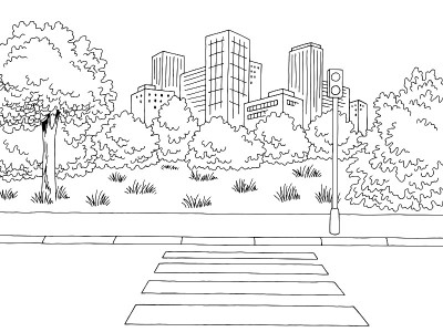 人行横道街道道路图形黑白城市景观素描插图矢量
