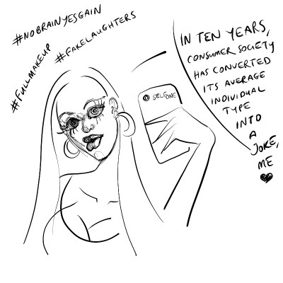 女孩自拍，手绘细黑线漫画和语音泡泡
