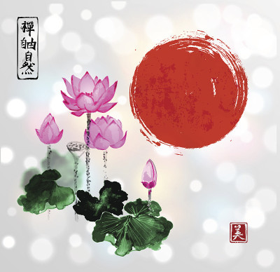 粉红色的荷花和红色的太阳