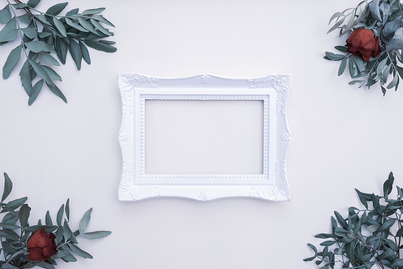 gray bush branches, white frame and red roses lie 