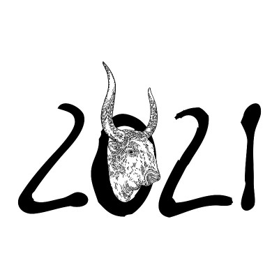 牛年，中国新年2021年。手写数字符号的公牛。卡片上有农历新年符号和星座符号。手绘向量。