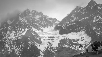 在Sonmarg，克什米尔的一个冰川的山的全景