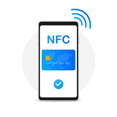 移动支付。NFC智能手机概念图标在平面风格。