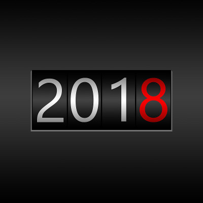 2018. 黑色背景的新年黑色里程表- 2018年设计，带有白色和红色数字的里程表风格