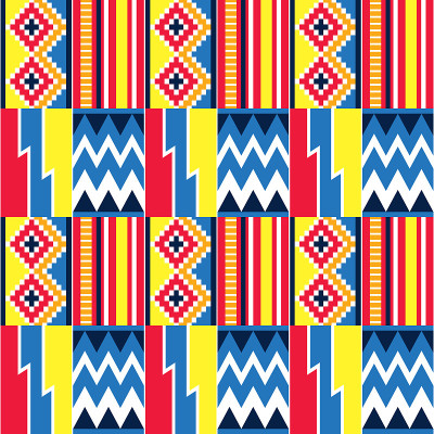 非洲部落设计Kente nwentoma纺织风格矢量无缝设计在蓝色，红色和黄色，几何图案的灵感来自加