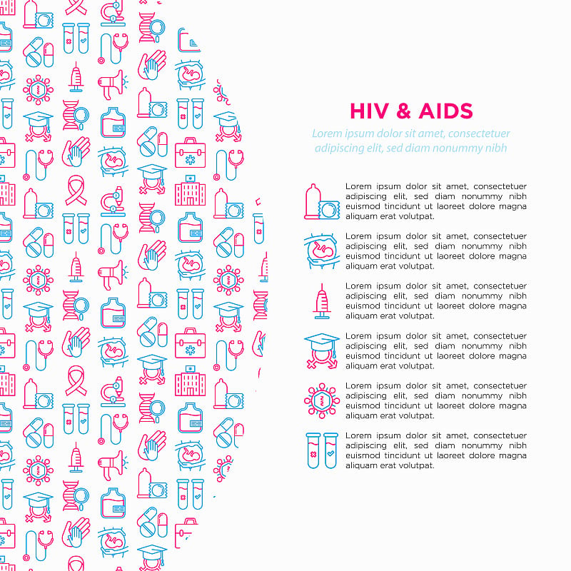 艾滋病概念与细线图标:安全性行为、输血、体检、艾滋病丝带、验血、显微镜、基因工程。现代矢量插图，打印