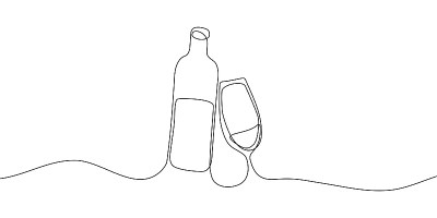 连续的线条画。一瓶和几杯葡萄酒。