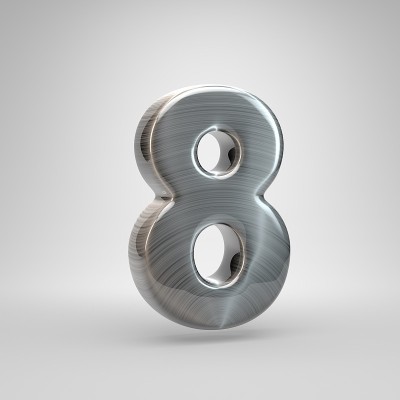 拉丝金属号8。3D渲染闪亮的金属字体隔离在白色背景。