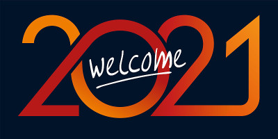 基于红色和黄色曲线的图形贺卡，以迎接2021年。