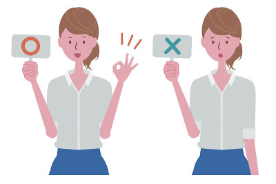 A woman with a correct or incorrect answer (○ ×) s