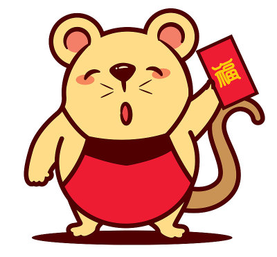 可爱的老鼠中国新年2020。卡通可爱的老鼠拿着红包。