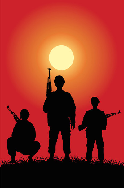 士兵们在日落现场的剪影