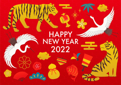 日本传统插画2022年新年与老虎和鹤