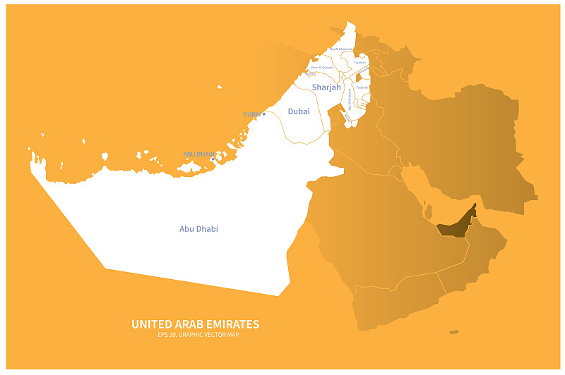 阿拉伯联合酋长国地图。中东国家阿联酋矢量地图