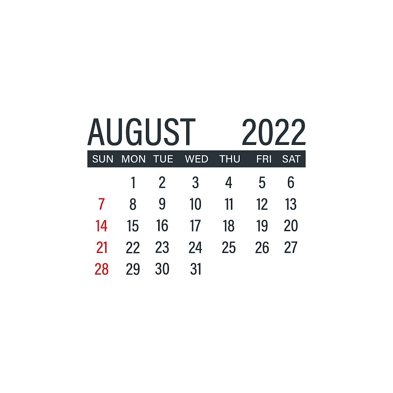 2022年8月，日历图标。天月。平面向量插图