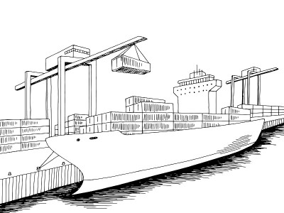 港口装载干货船图形黑白海洋景观草图插图向量