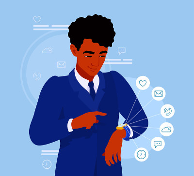 A businessman checking a smartwatch, looking at it