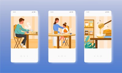 人们用蜂蜜做早餐。移动应用屏幕，矢量网站横幅模板。UI，网站设计。