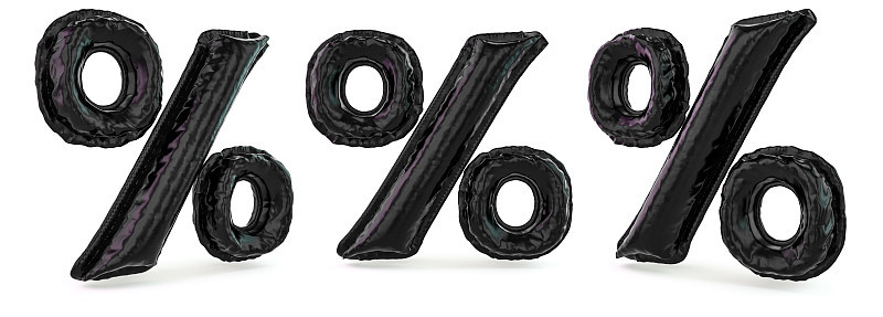 百分比的象征。数字信号。背景是可充气的黑色气球。3 d