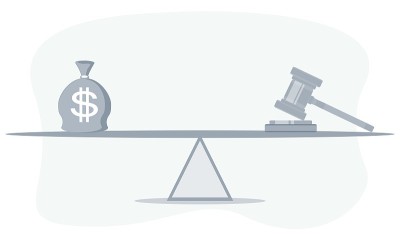 一袋钱，上面有美元符号，秤上有法官的锤子。概念游说为通过一项法律或一项规范，腐败