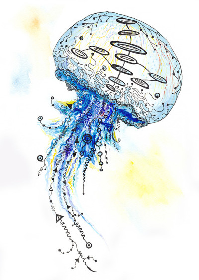 水彩和墨水水母画